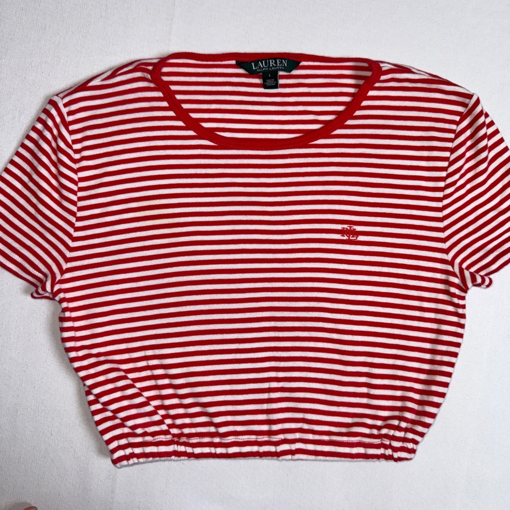 Lauren Ralph Lauren Red White Striped Crop Top Short Sleeve Elastic Hem Large